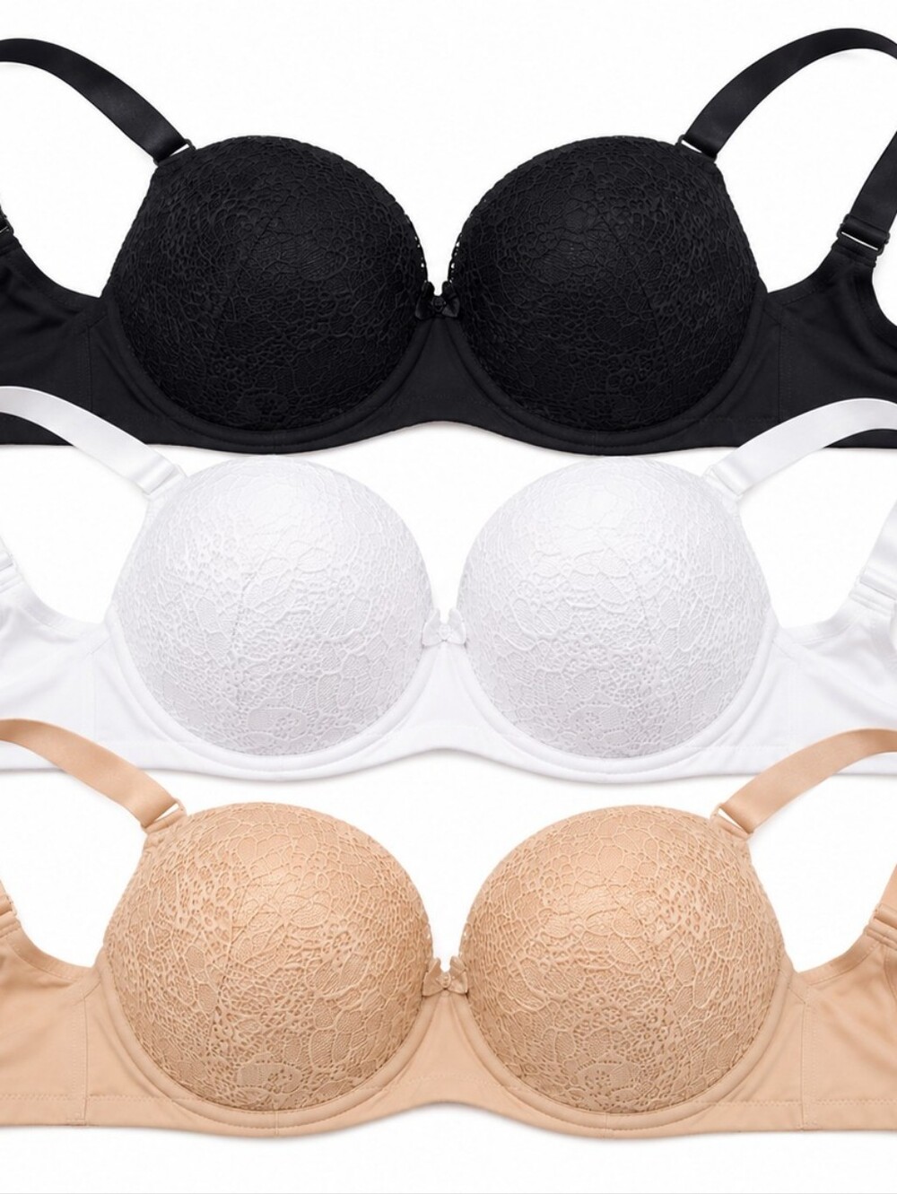 3 Pack Women's Lace Underwire Bras – New – Black, White & Nude – US 36C